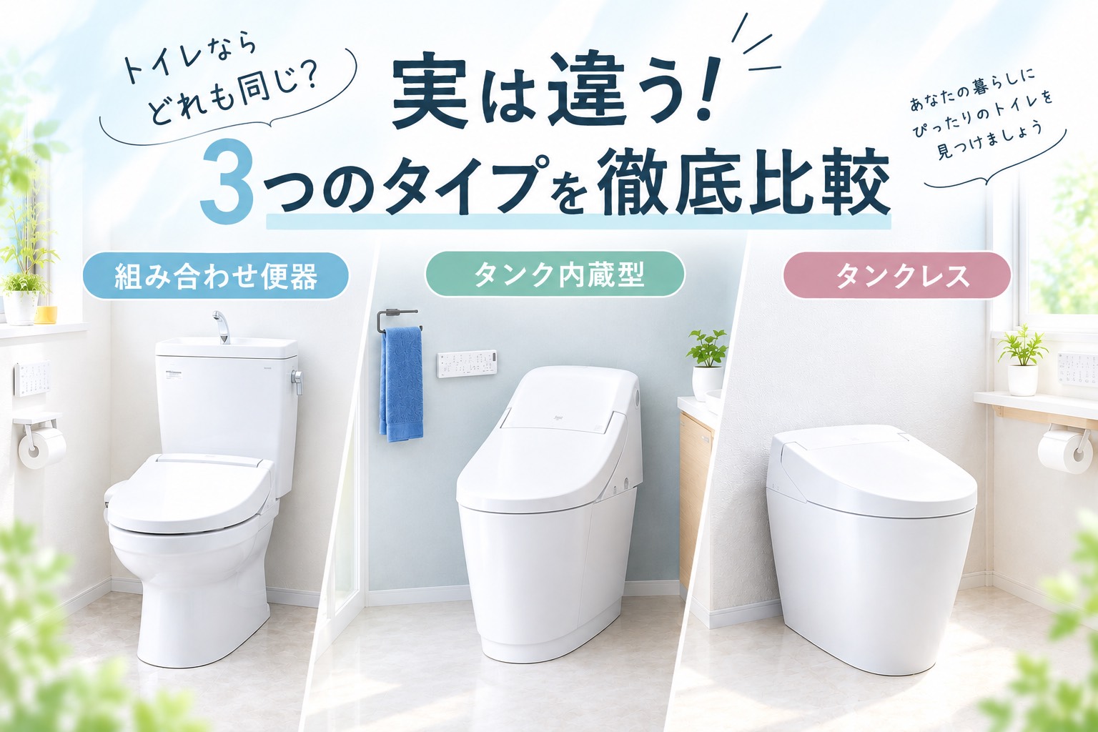 知っておきたい！トイレ３タイプの違い｜組み合わせ・タンク内蔵・タンクレス🚽